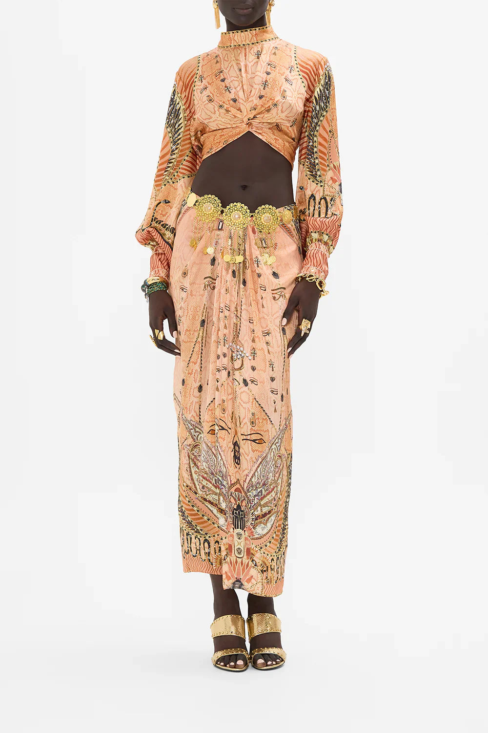 Camilla Kingdom Of Hieroglyphs Long Sleeve High Neck Top With Front Knot **