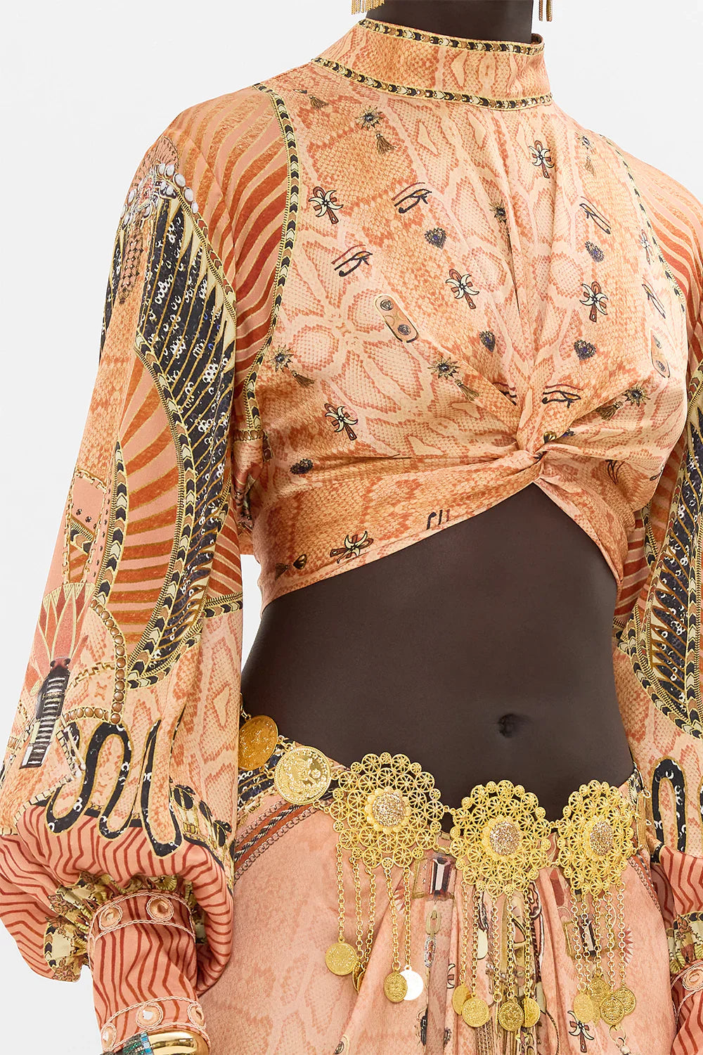 Camilla Kingdom Of Hieroglyphs Long Sleeve High Neck Top With Front Knot **