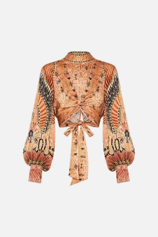 Camilla Kingdom Of Hieroglyphs Long Sleeve High Neck Top With Front Knot **