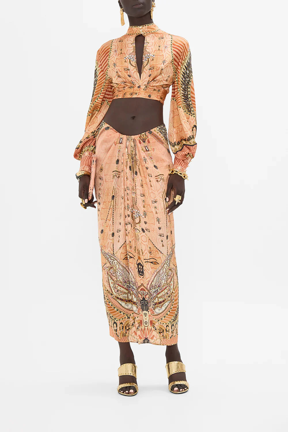 Camilla Kingdom Of Hieroglyphs Long Sleeve High Neck Top With Front Knot **