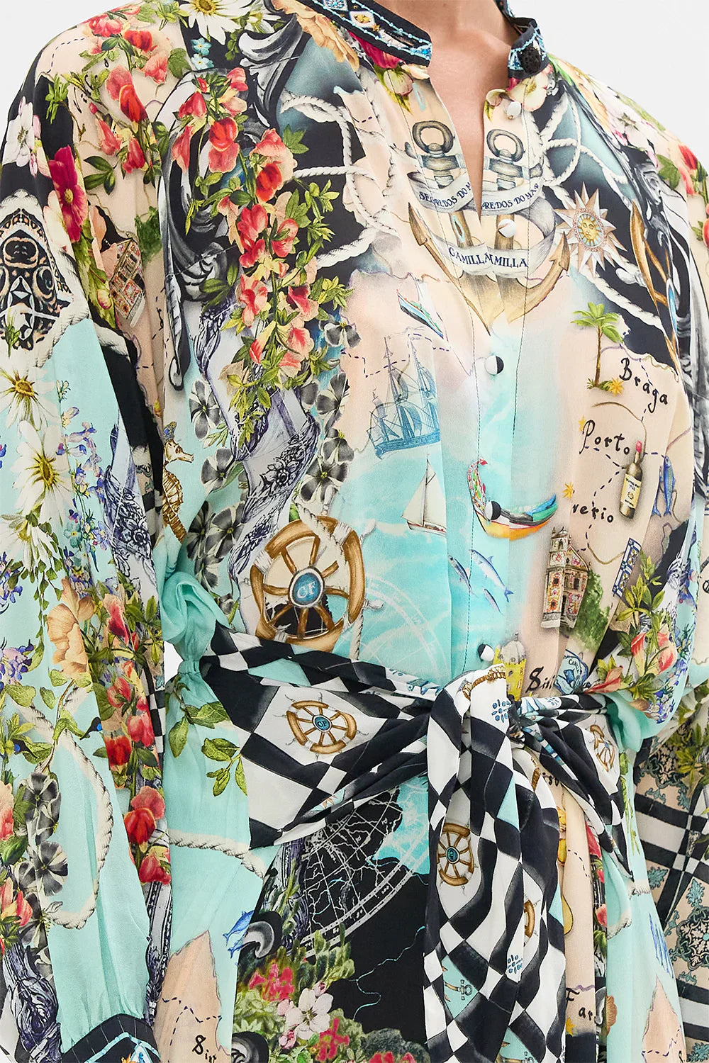 Camilla Folk Afloat Tiered ShirtDress With Wide Waist Tie