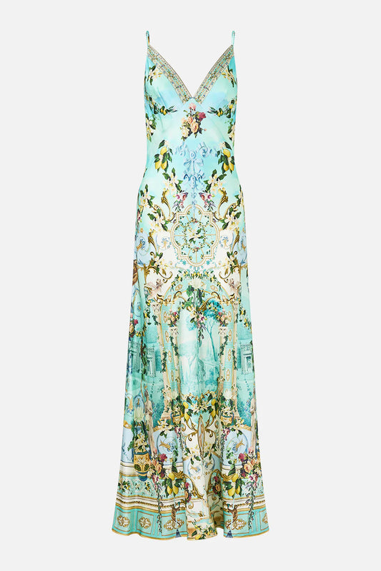 Camilla Venus on a Vespa V Neck Long Bias Slip Dress With Train