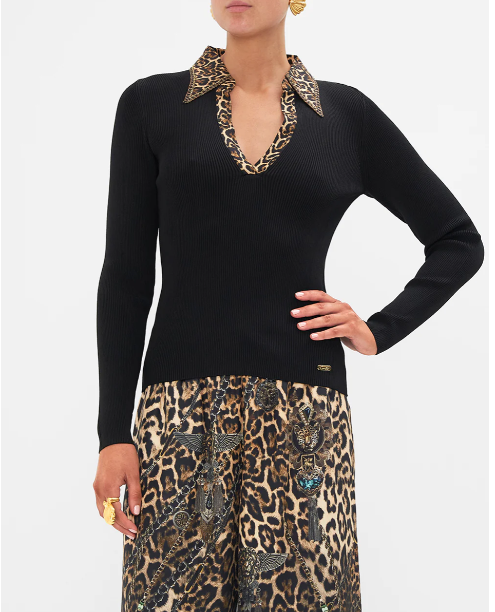 Camilla Amsterglam Fitted Knit Top with Silk Collar **