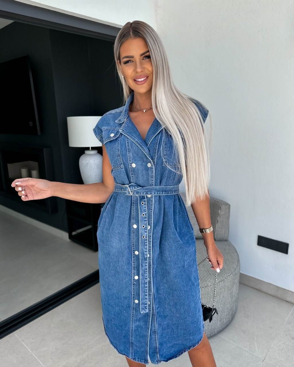 Simply Violet Belted Denim Midi Dress