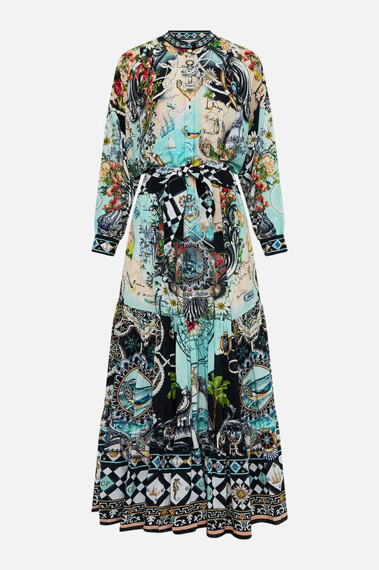 Camilla Folk Afloat Tiered ShirtDress With Wide Waist Tie