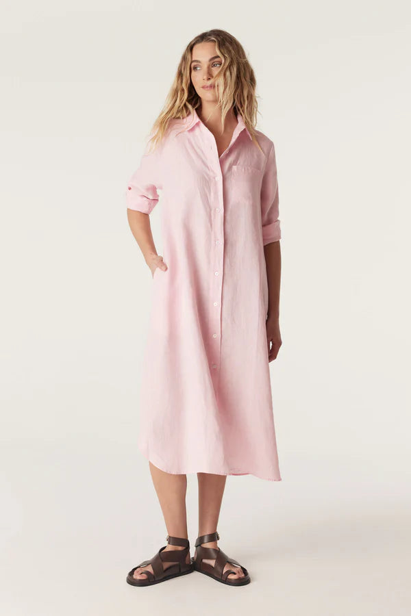 Cable Pure Linen Shirt Dress - Pink