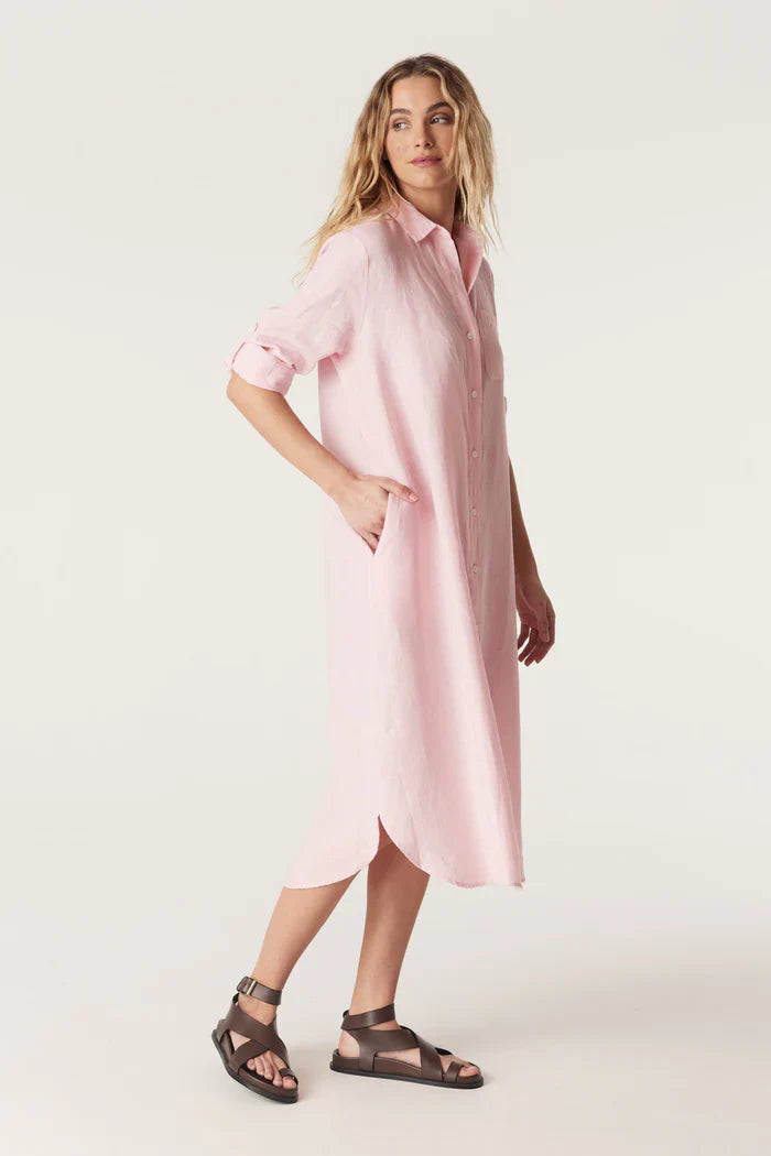 Cable Pure Linen Shirt Dress - Pink