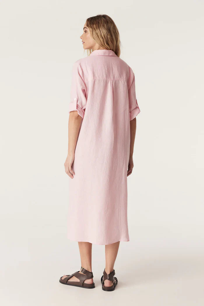 Cable Pure Linen Shirt Dress - Pink
