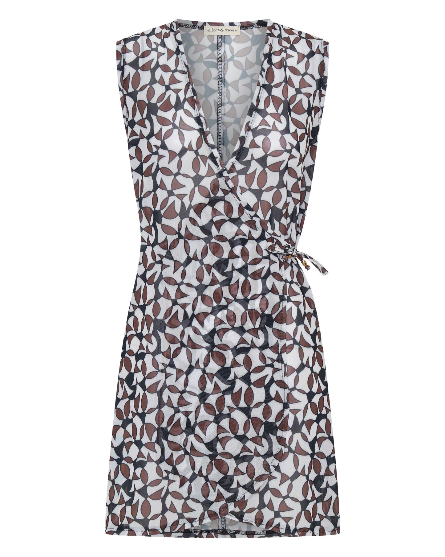 “Lightweight wrap dress with custom brown and black print”