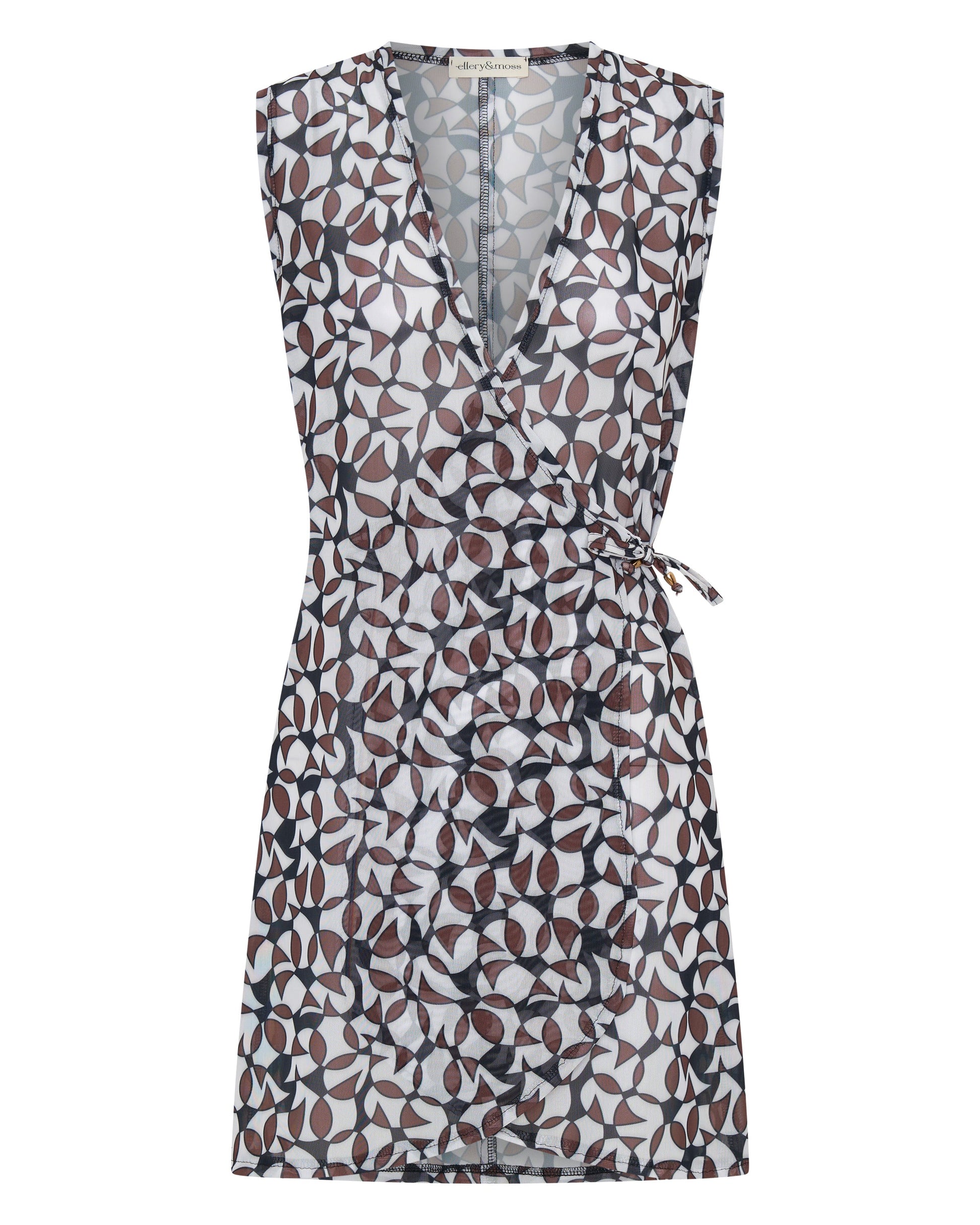 “Lightweight wrap dress with custom brown and black print”