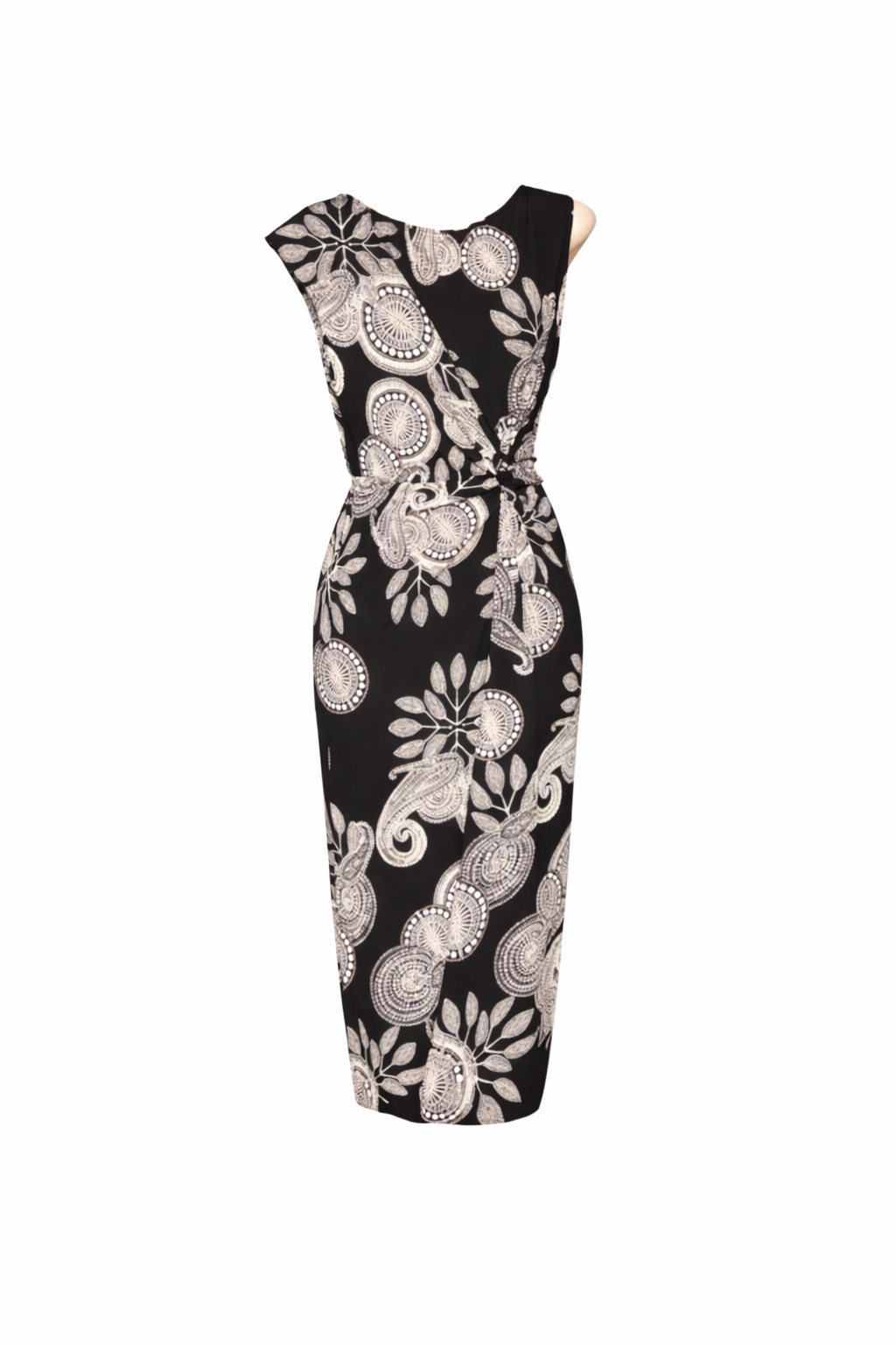 Black dress with white floral pattern on a white background