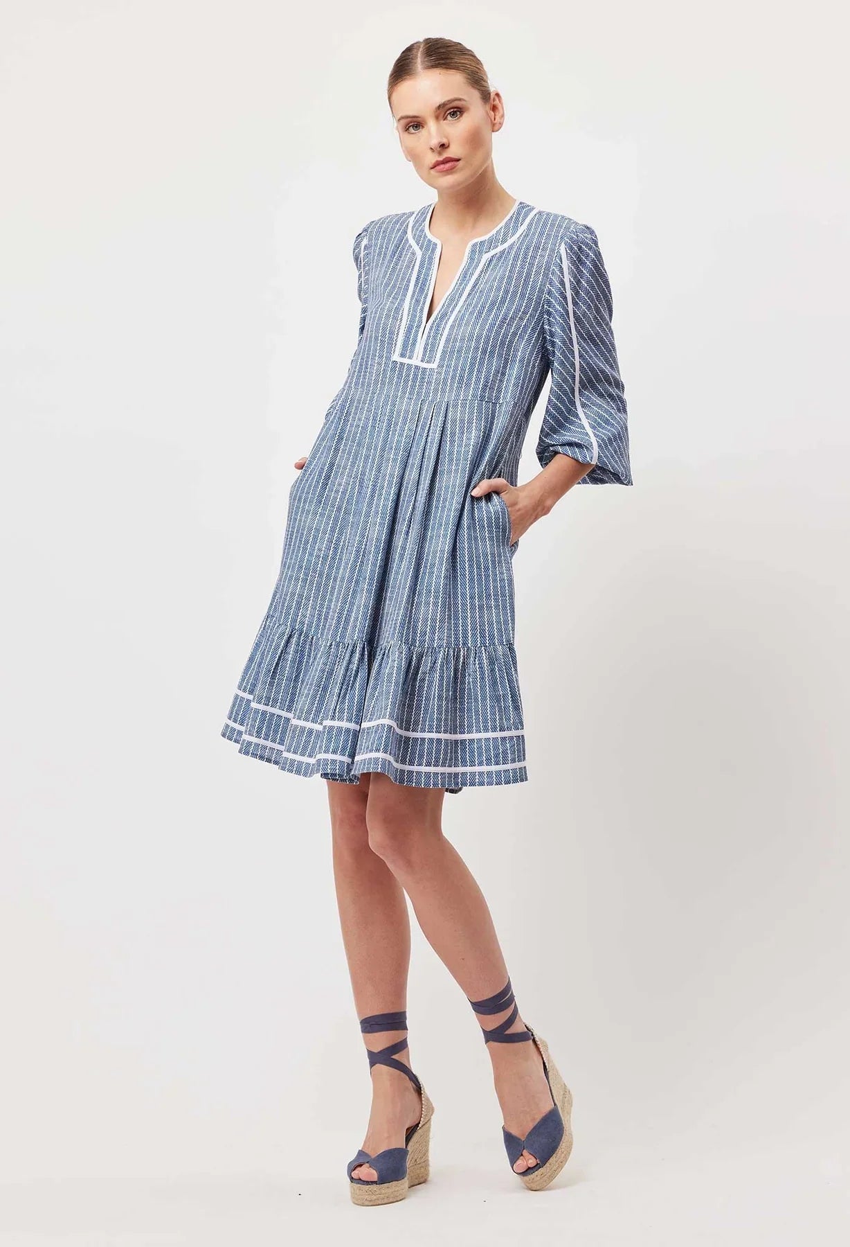 Once Was Antigua Linen Viscose Dress in Del Mar Stripe