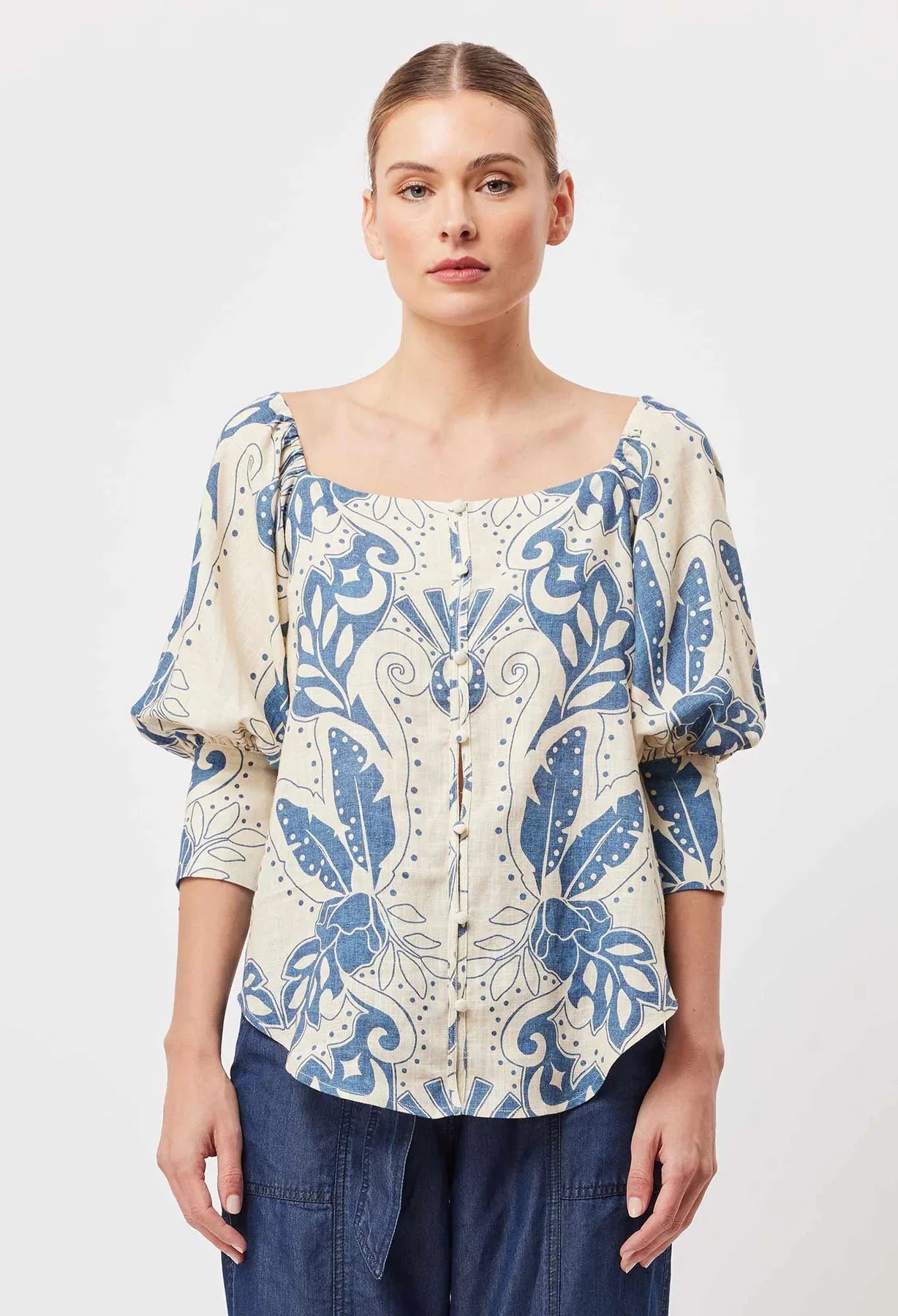 Once Was Templo Linen Viscose Top in Del Sol Azure
