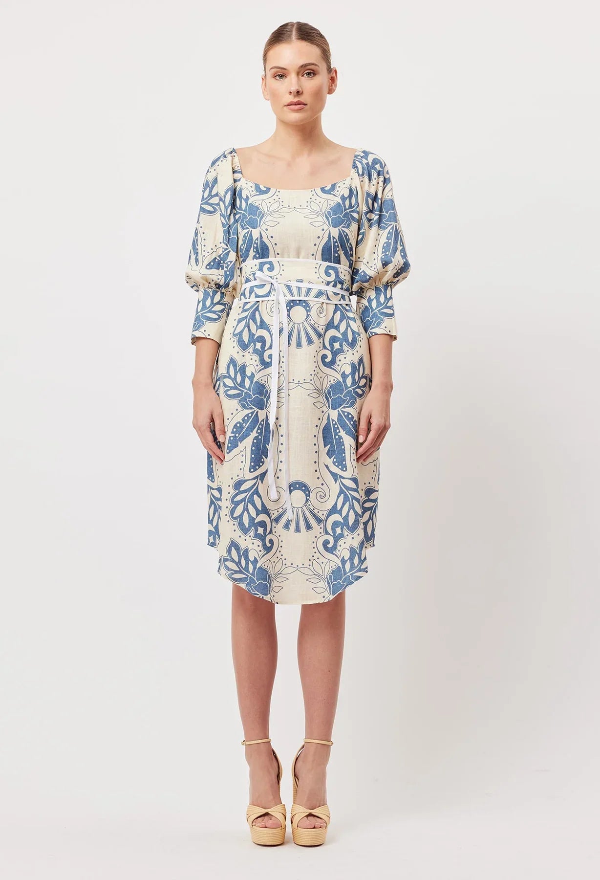 Once Was Templo Linen Viscose Midi Dress in Del Sol Azure
