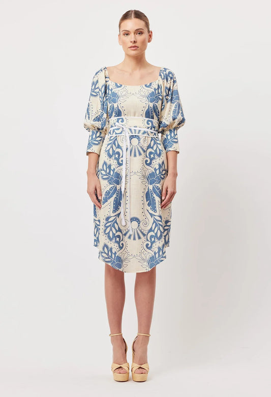 Once Was Templo Linen Viscose Midi Dress in Del Sol Azure