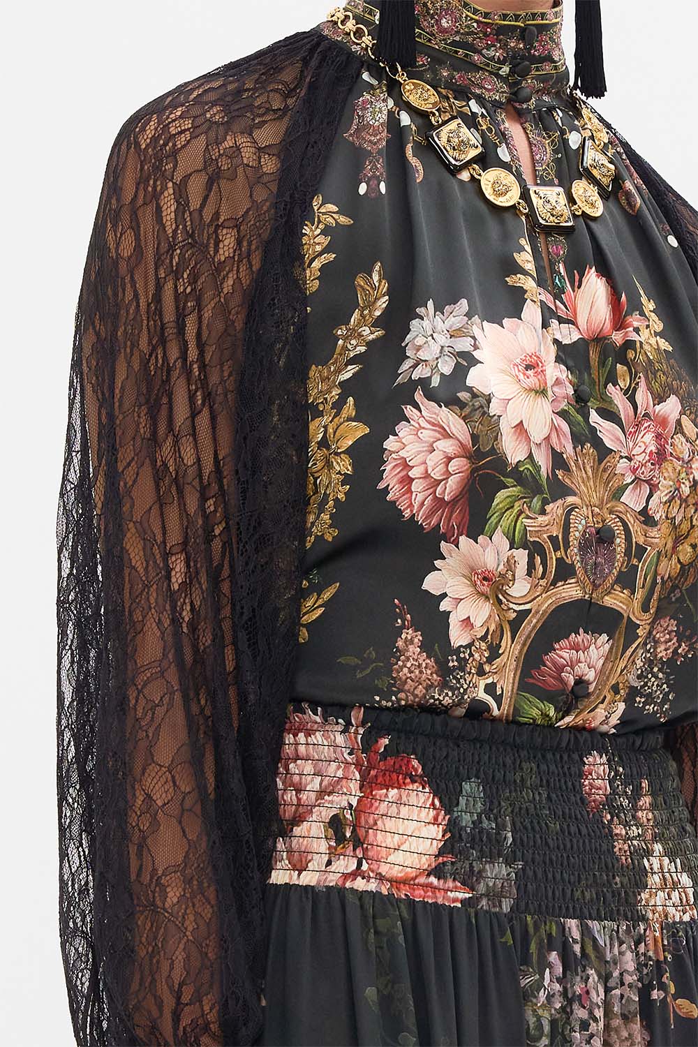 Camilla Dynasty Daze Raglan Button Up Shirt With Lace At Sleeve **